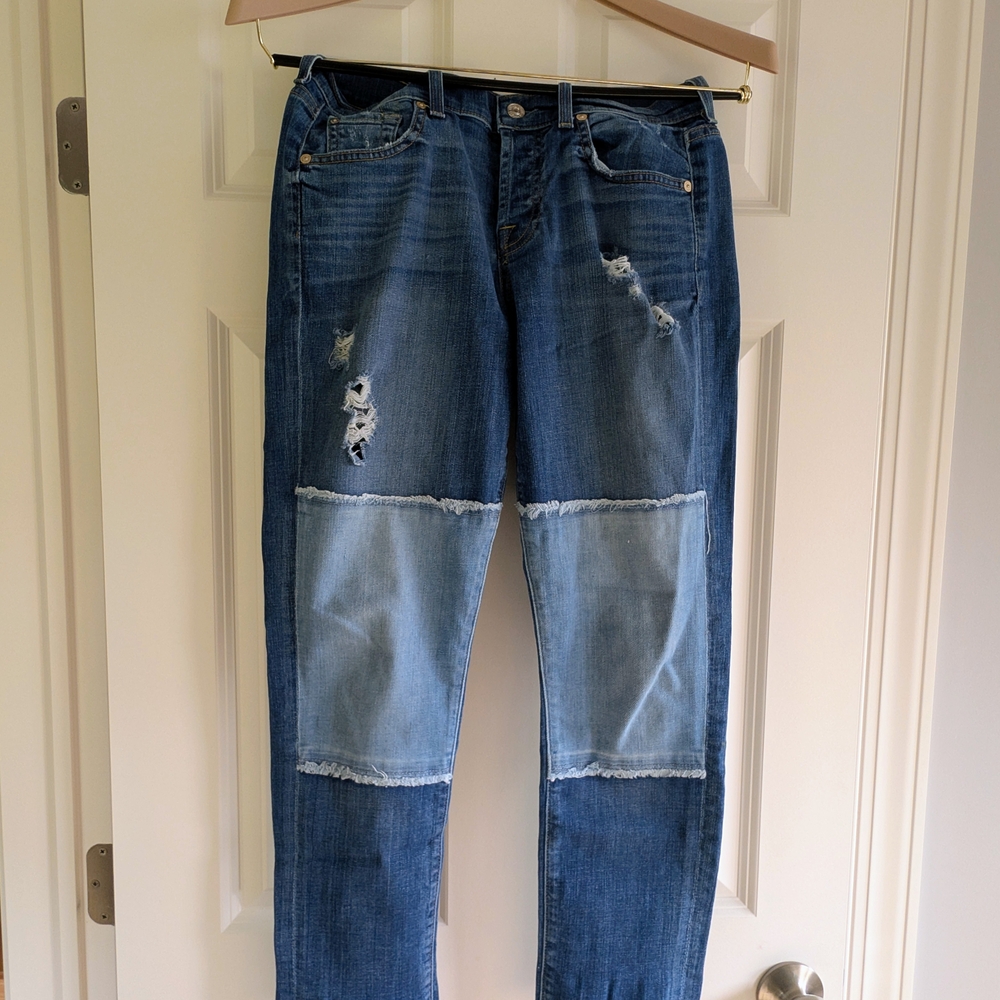 7 For All Mankind Blue Patchwork Boyfriend Jeans